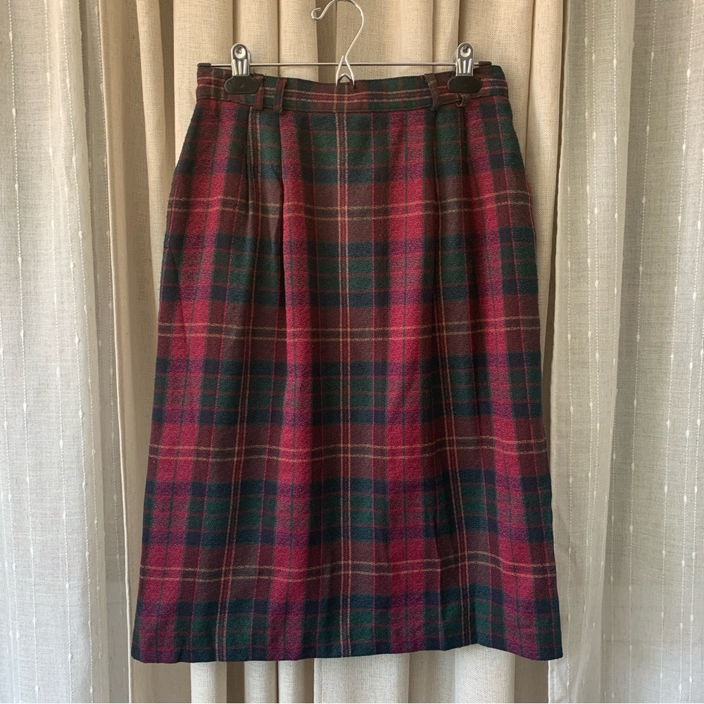 ALIA VINTAGE GREEN & RED PLAID PENCIL SKIRT